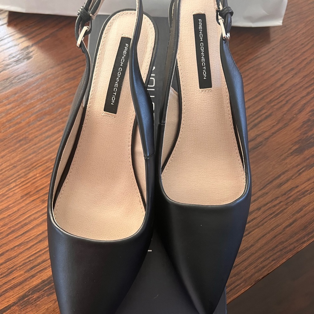 French Connection Black Heels with Pointed Toe and Slingback Strap